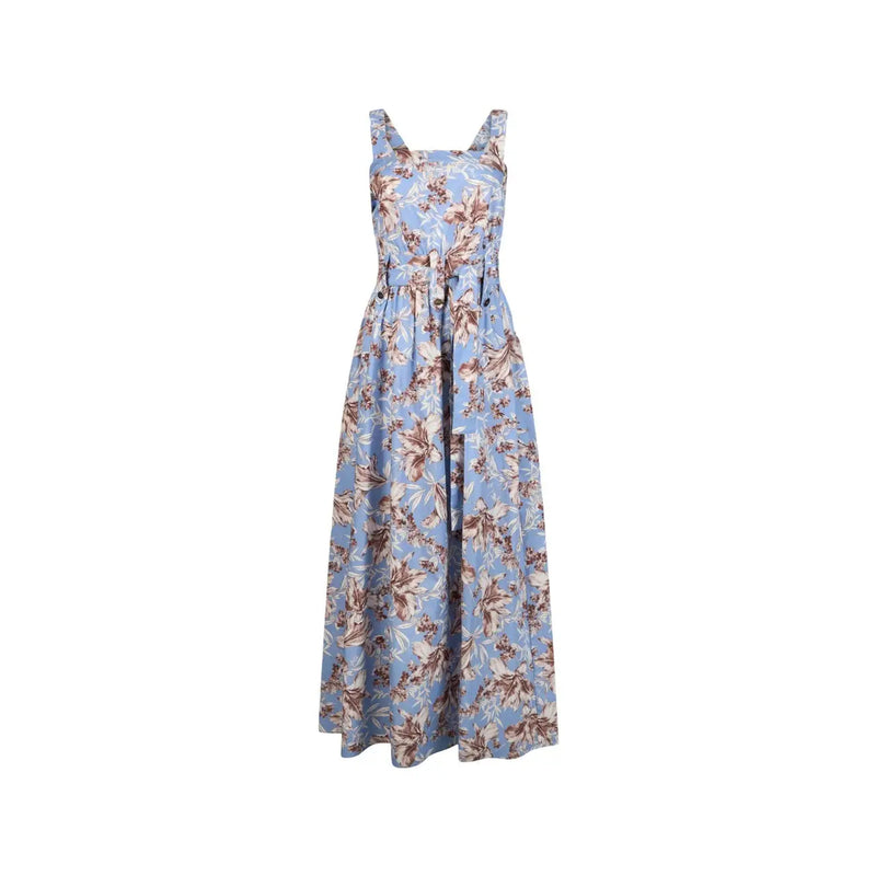 Liu Jo women blue floral cotton maxi dress with thin straps square neck and belted waist for elegant wear