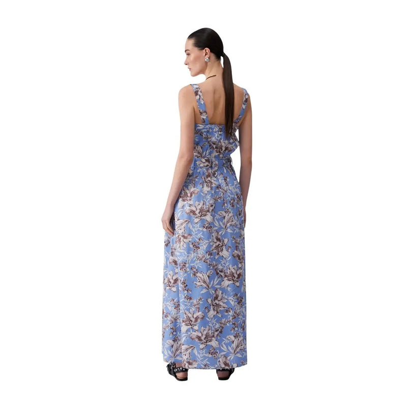 A flowing light blue Liu Jo women floral cotton maxi dress with thin straps and an open back shown from behind