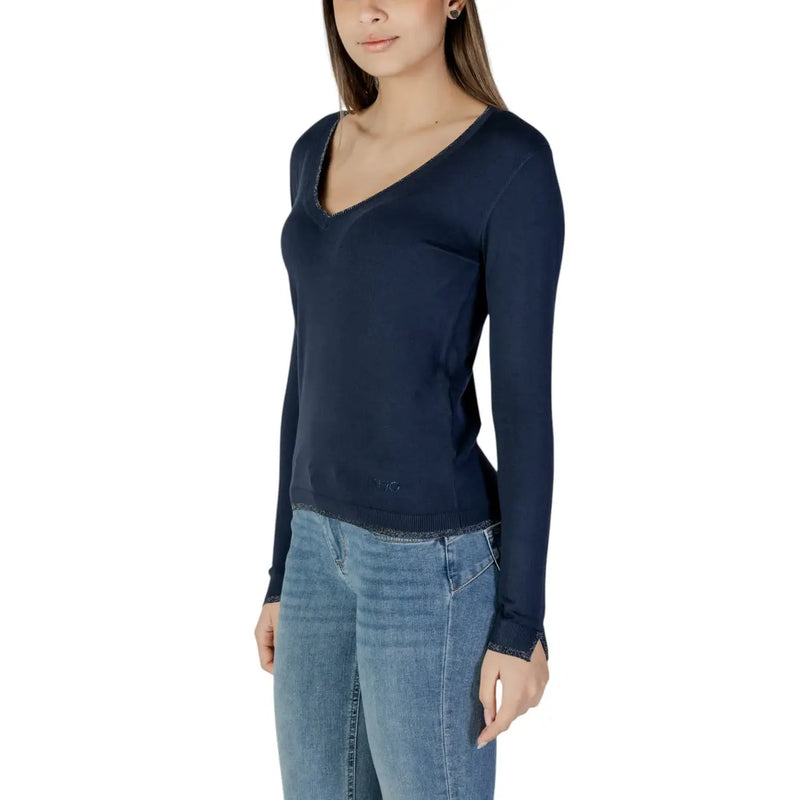 Liu jo women blue viscose knitwear cardigan with v neck long sleeves and subtle textured trim on neckline and hem