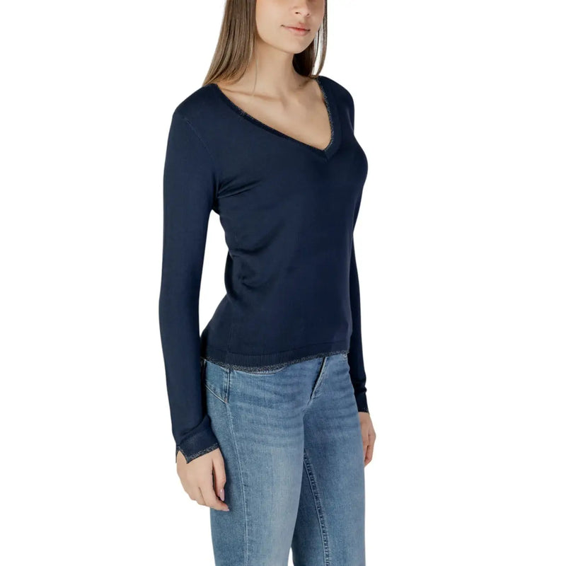 Liu Jo women blue viscose knitwear cardigan with navy blue long sleeves and subtle shimmering trim on neckline and hem