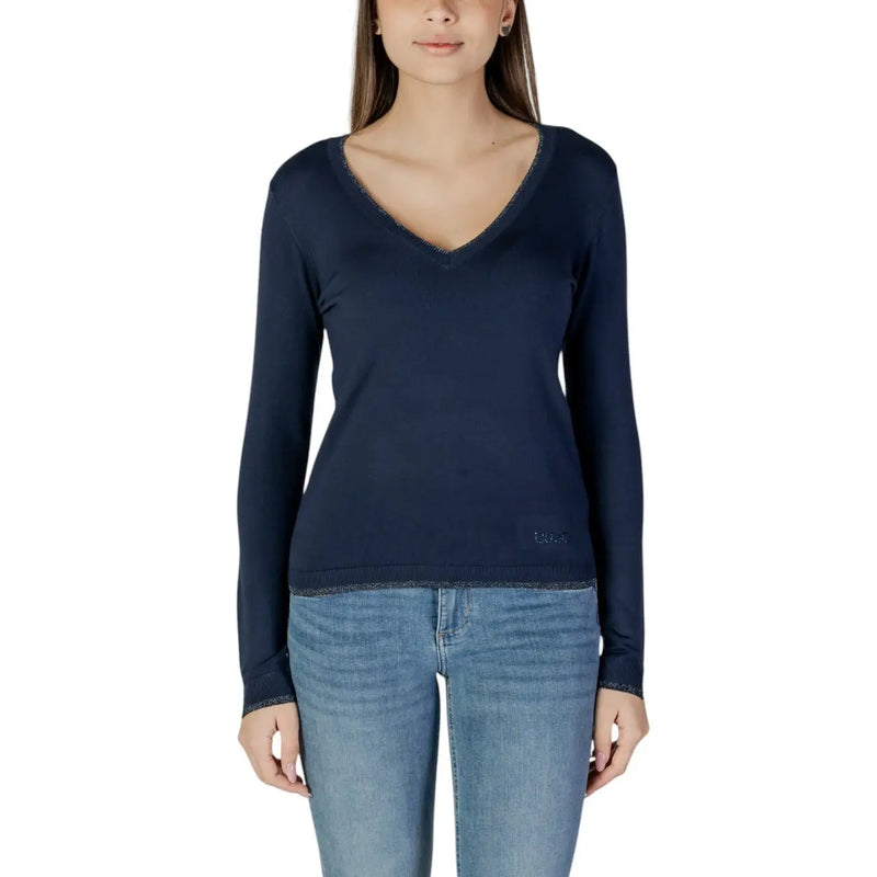 Liu Jo women blue v neck viscose knitwear cardigan with navy long sleeves and subtle glitter trim on neckline and hem