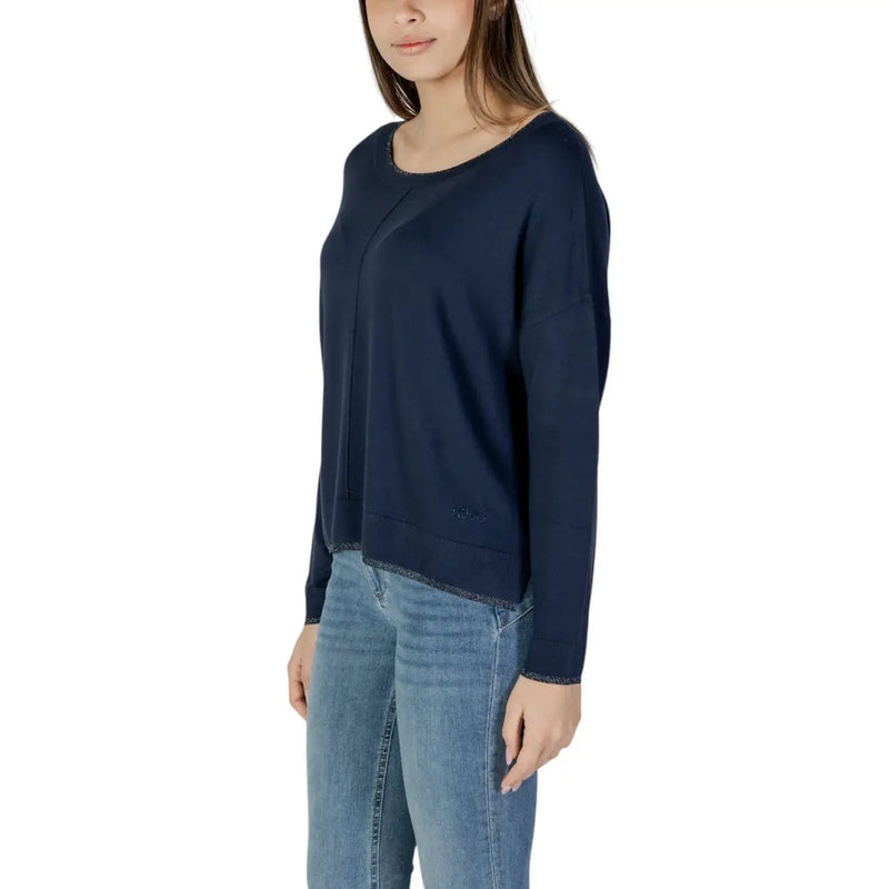 Navy blue Liu Jo women viscose knitwear long-sleeved top with round neck and shimmering trim on neckline and hem
