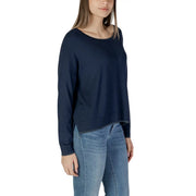 Navy blue Liu Jo women viscose knitwear long-sleeved top with round neck and subtle textured trim on hem and cuffs