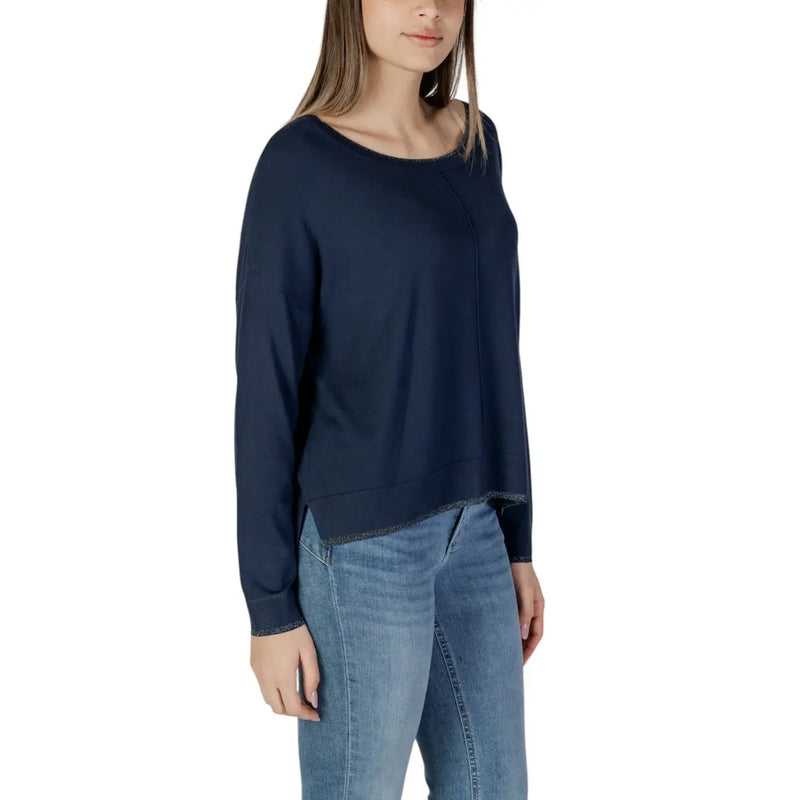Navy blue Liu Jo women viscose knitwear long-sleeved top with round neck and subtle textured trim on hem and cuffs