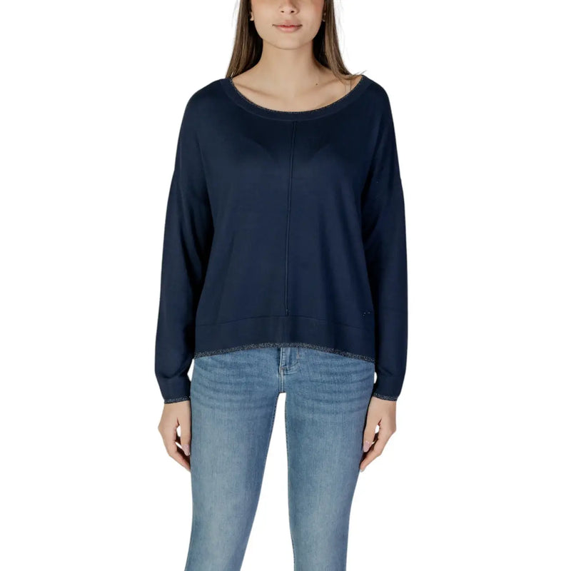 Liu Jo women blue viscose knitwear long-sleeved top with rounded neckline and subtle glitter trim along hem