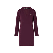 A maroon long-sleeved v-neck dress by Liu Jo with subtle embroidered logo made from viscose blend