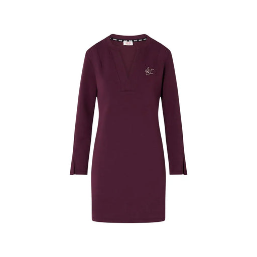 A maroon long-sleeved v-neck dress by Liu Jo with subtle embroidered logo made from viscose blend