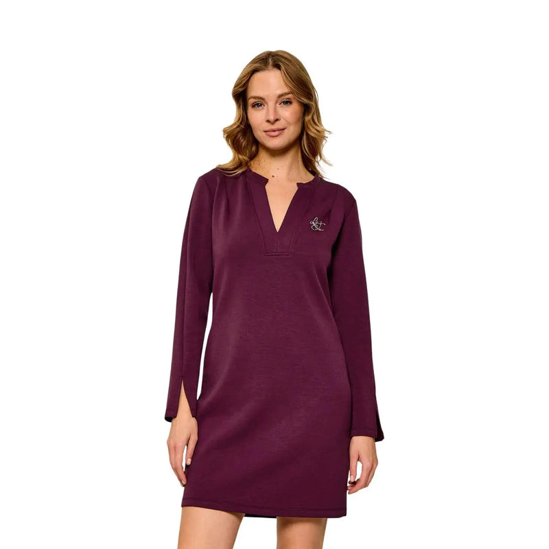 Liu Jo women Bordeaux long viscose blend nightdress with v-neckline side slits and embroidered chest logo