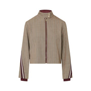 Liu Jo women brown blazer polyester blend featuring beige textured zip-up jacket with maroon accents and striped sleeves