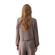 Liu Jo women brown taupe herringbone blazer with maroon and white striped sleeves made of polyester blend