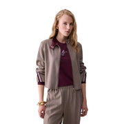 Liu jo women brown blazer polyester blend featuring a taupe textured bomber jacket with maroon trim and white sleeve stripes