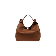 Liu jo women brown hobo bag in brown suede with black leather handles and silver studs along the sides