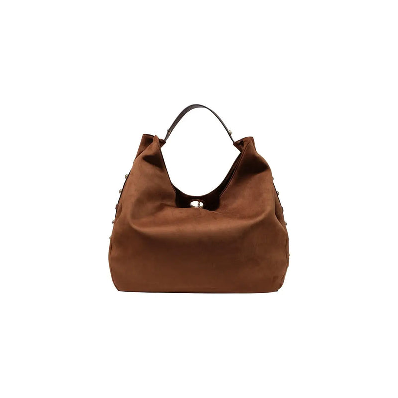 Liu jo women brown hobo bag in brown suede with black leather handles and silver studs along the sides