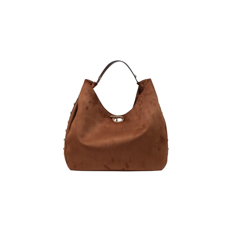 Liu Jo women brown suede hobo bag with gold tone clasp and black leather handle in polyurethane material