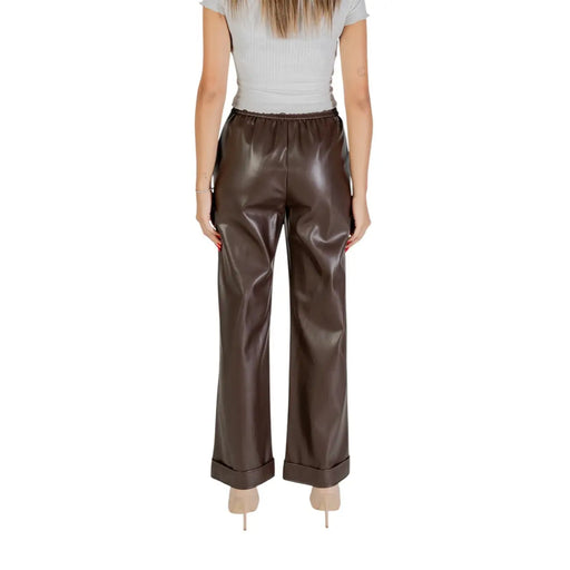 Liu Jo women brown polyester trousers with wide-leg cut elastic waistband and rolled cuffs for fall winter