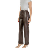 Liu jo women brown polyester trousers with faux leather texture high waisted straight leg and rolled cuffs