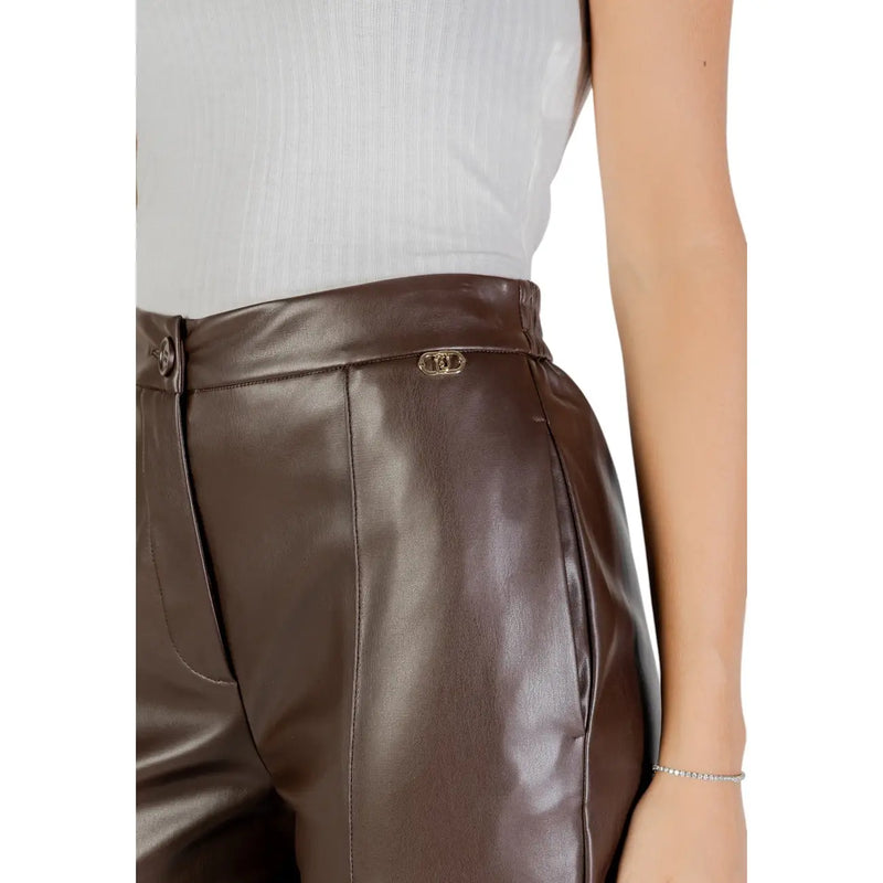 Liu Jo women brown polyester high-waisted trousers with glossy finish and metallic logo plaque at waistband