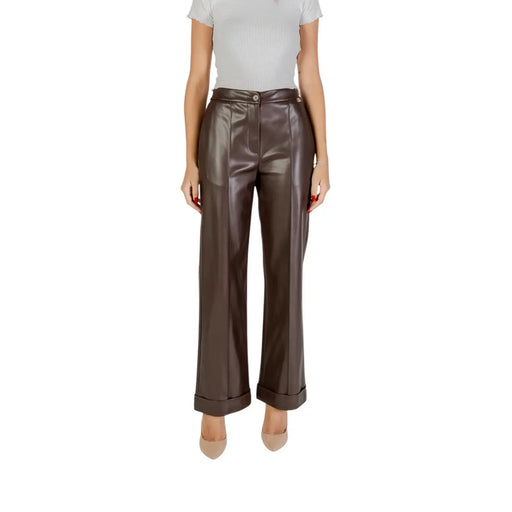 Liu Jo women brown polyester trousers with high waist glossy faux leather finish and rolled cuffs for fall winter