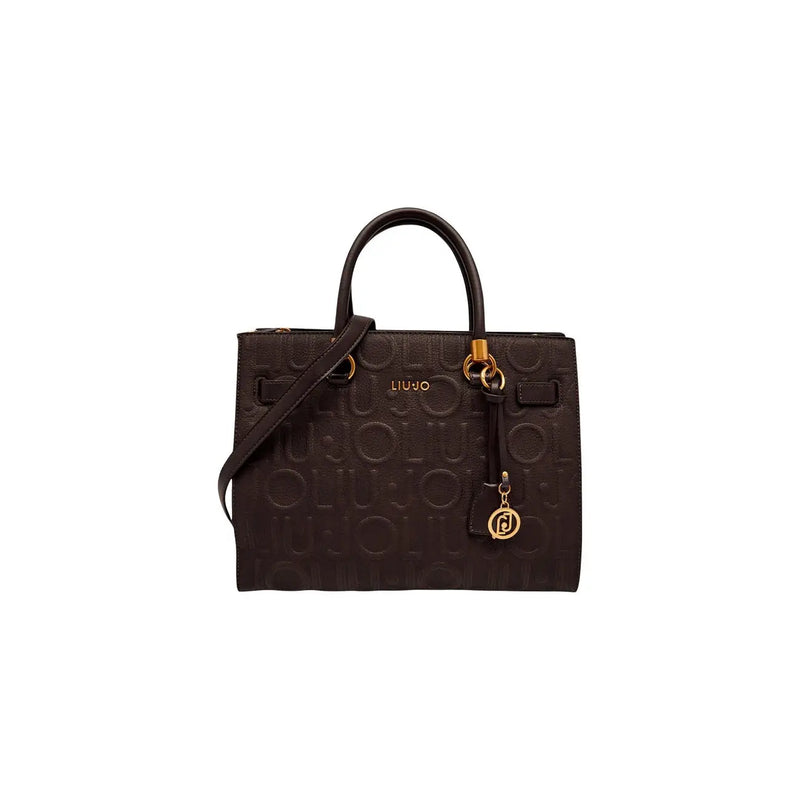 Dark brown liu jo women polyurethane shopping bag 32cm with embossed logo pattern and gold-tone hardware