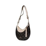 Dark brown and light pink crescent-shaped shoulder bag with monogram pattern and tassel