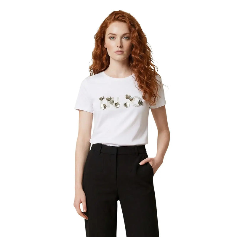 Liu Jo women white cotton short-sleeved t shirt with silver rhinestone no detail on the chest and round neck