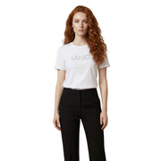 Liu Jo women cotton white short-sleeved t shirt with subtle silver rhinestone logo across the chest