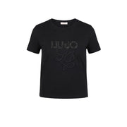 Black short-sleeved Liu Jo women cotton t shirt with sparkling lilyjo logo and embroidered monogram design