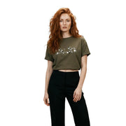 Olive green cropped cotton t shirt with decorative sequin floral design across the chest by liu jo women