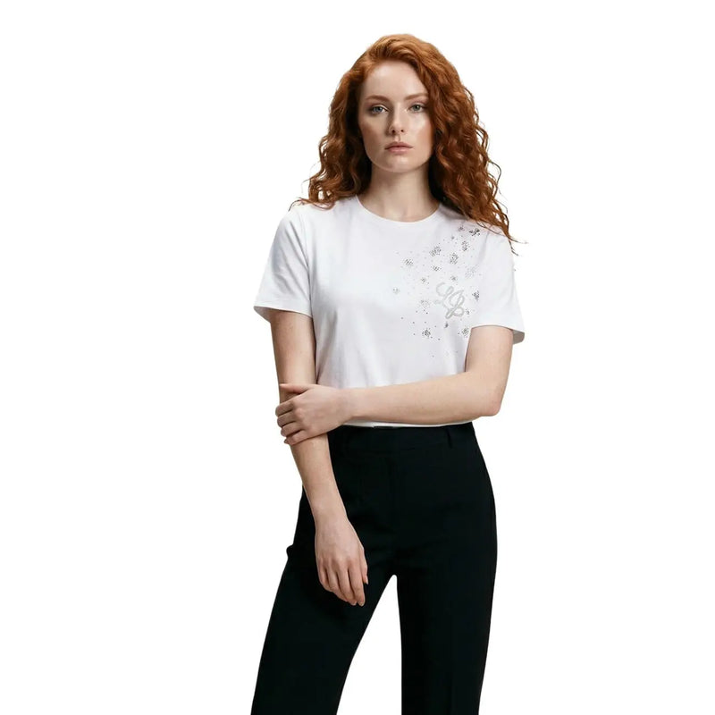 Liu Jo women cotton white t shirt with short sleeves and delicate silver rhinestone embellishments on the chest
