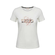 Liu Jo women beige cotton short sleeve round neck t shirt with decorative luo logo and floral metallic embellishments