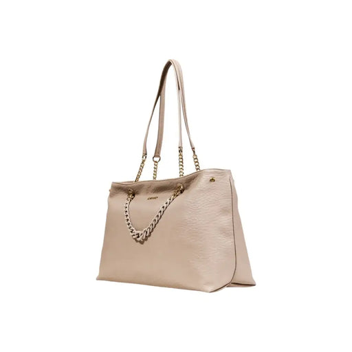 Light tan textured leather tote bag with chain details and long shoulder straps