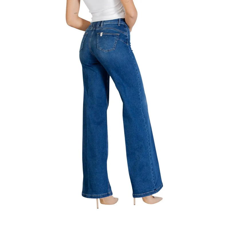 Back side of liu jo women flare trousers high waist blue denim jeans with classic back pocket design size al