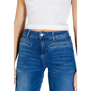 Liu Jo women flare trousers in blue denim with high waist, five-pocket design, and silver-toned button in size AL