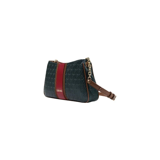 Sac bandoulière Liu Jo pour femme, en polyuréthane vert, avec empiècements en cuir gaufré vert foncé et large bande verticale rouge (largeur : 30 cm).