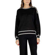 Schwarzes Liu Jo Damen-Sweatshirt aus Viskose-Seide mit weißem Rippstrickbündchen und vertikalen Ärmelstreifen