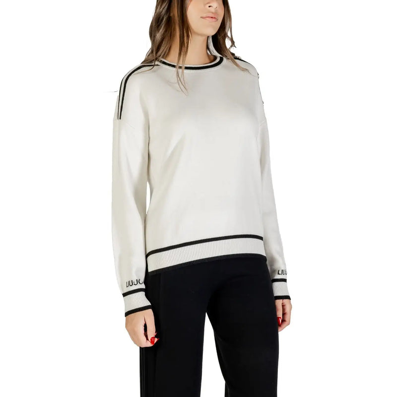 Off-white Liu Jo Damenstrickpullover mit schwarzem Besatz, Rundhalsausschnitt, Viskose-Seiden-Mischgewebe für elegante Freizeitkleidung