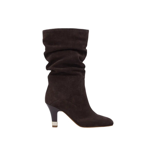 Liu Jo Damen-Lederstiefel, braun, Modell Blake, Herbst/Winter, dunkelbrauner Wildleder-Ankle-Boot mit gerafftem Schaft und metallischer Absatzkappe