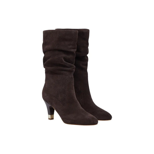 Liu Jo Damen-Lederstiefel, braun, Modell Blake, Herbst/Winter, mit dunkelbraunem Wildleder, kniehoch, mit metallisch-goldener Absatzkappe