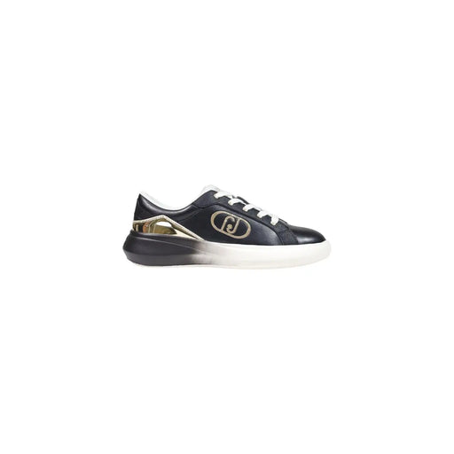 Schwarze Liu Jo Damen-Sneaker aus Leder zum Hineinschlüpfen mit schwarzem Leder, weißen Schnürsenkeln, goldenem Logo und einer schwarz-weiß verlaufenden Sohle.