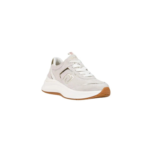 Liu Jo Weiße Damen-Sneaker aus Leder mit hellgrauem Wildleder, weißen Schnürsenkeln, beiger Gummisohle und metallischem Logo an der Seite