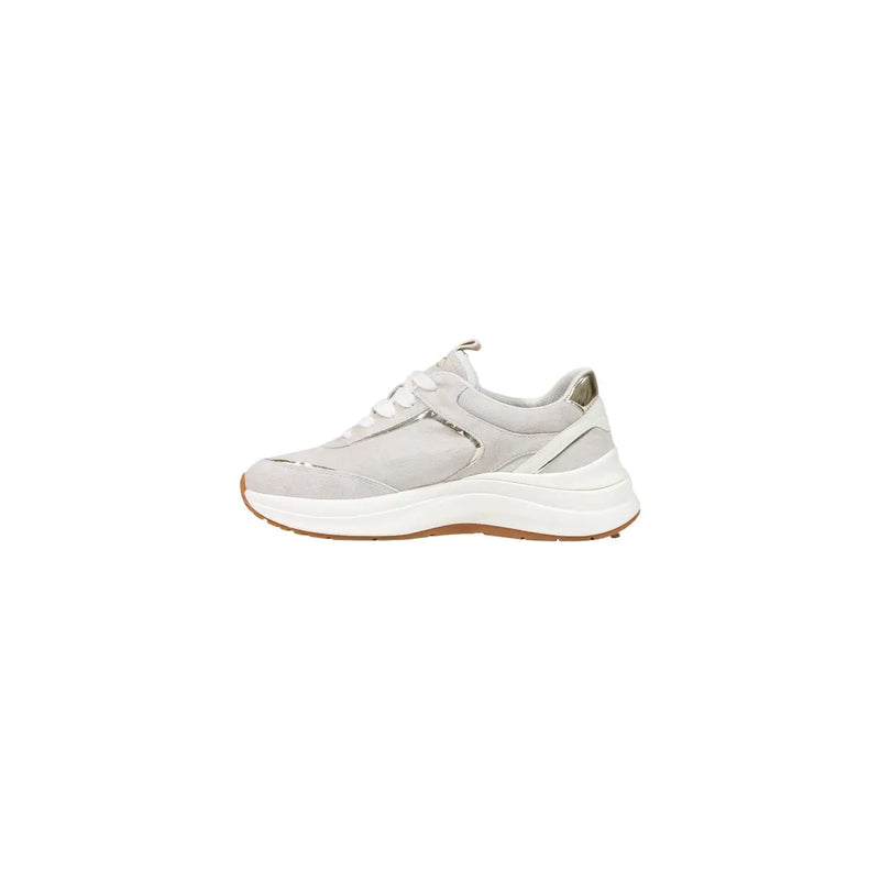 Liu Jo women leather sneakers white slip in light gray suede with white midsole and tan outsole modern design