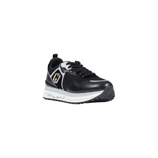 Liu Jo Schwarze Damen-Plateau-Sneaker mit glänzender Leder-Zehenkappe, Mesh-Obermaterial und goldfarbenem Logo an der Seite