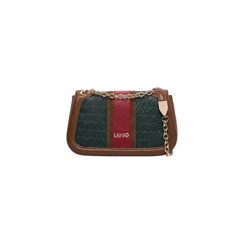 A liu jo women red crossbody bag in dark green embossed polyurethane with brown and red panels and gold chain straps