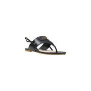 Liu jo women sandals black leather thong sandal with gold-tone logo emblem on the strap