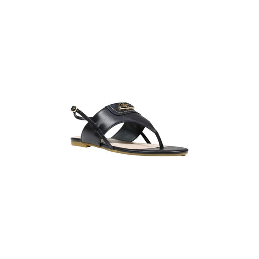 Liu jo women sandals black leather thong sandal with gold-tone logo emblem on the strap