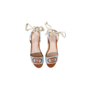 Liu Jo women light blue woven polyester sandals with tan leather accents and gold-toned logo platform open toe design