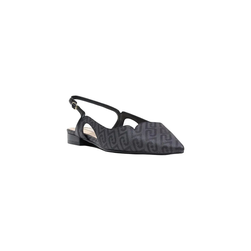 Liu jo women slip on black polyurethane slingback flat shoe with low heel and repeating gray pattern