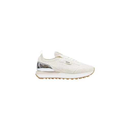 Cremefarbener Strick Liu Jo Damen-Sneaker mit silberfarbener Fersenlasche und weißer Gummisohle aus Polyester