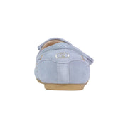 Light blue suede loafers for women by liu jo showing the back side with a metallic logo detail