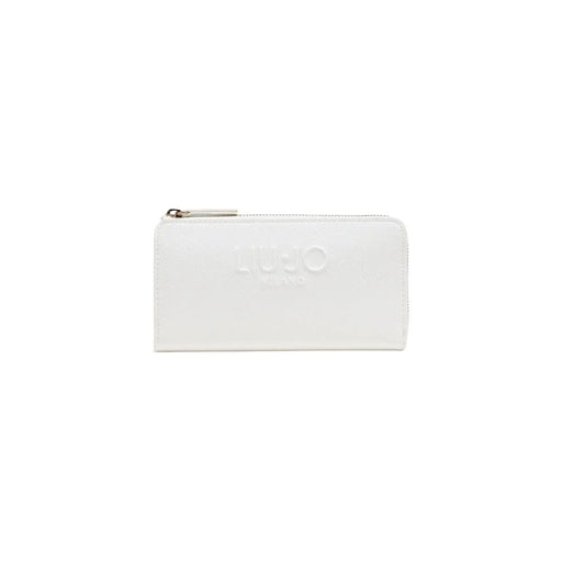 White hugo zippered wallet with subtle textured surface and embossed logo in liu jo beige zip pocket 19.5x10x2